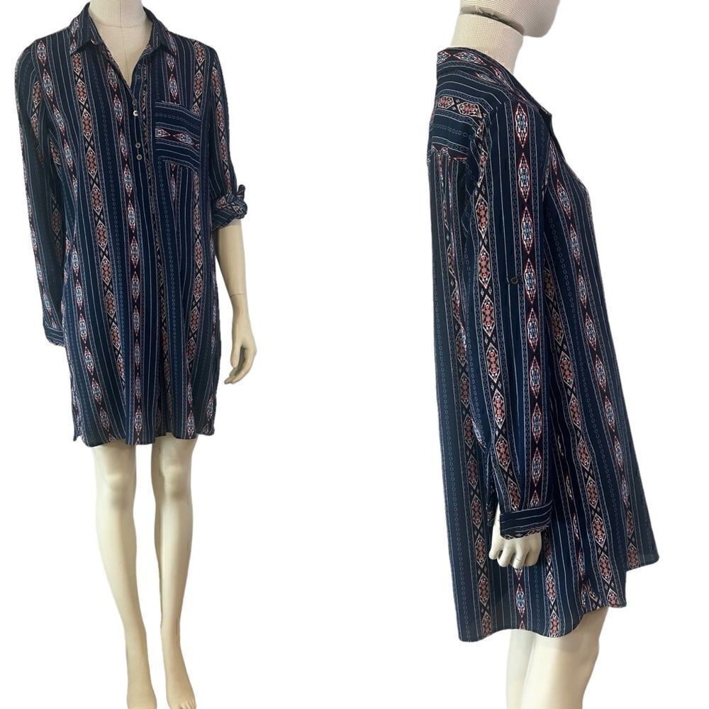 Entro Navy Blue Southwestern Pattern Shirtdress with rolled up sleeves